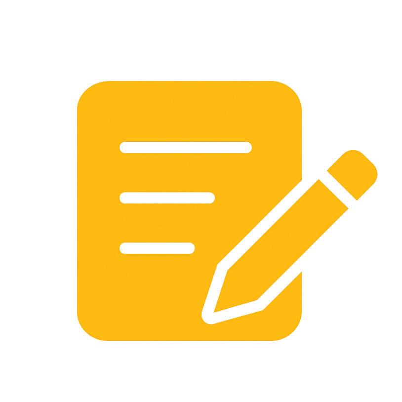Your Story…Your Goals Yellow icon of a document and pencil representing intake and personalization. Text: "Your Story…Your Goals – You complete our intake form. We craft your profile, your value, your voice, your edge."
